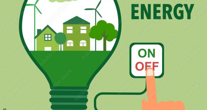 Save energy concept vector illustration on green background. Eco city ...